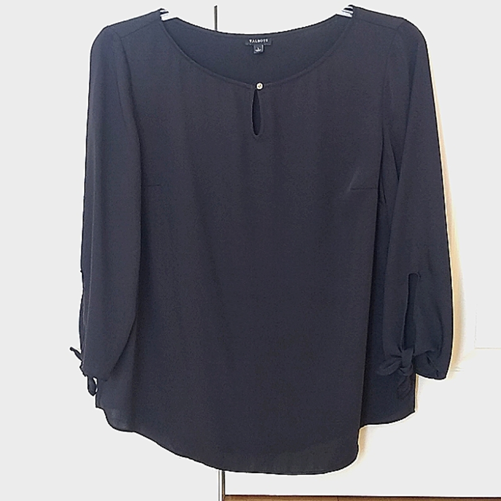 Talbots Woman's Large Pullover Black Blouse 3/4 Tie Sleeve